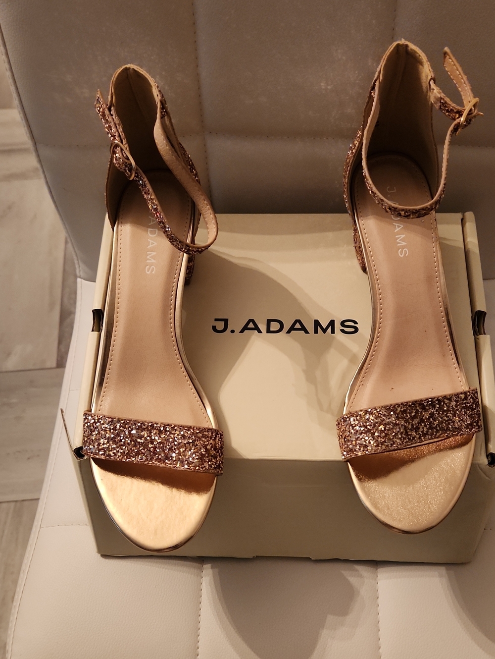 J. Adams Rose Gold Glitter Ankle-Strap Heels
